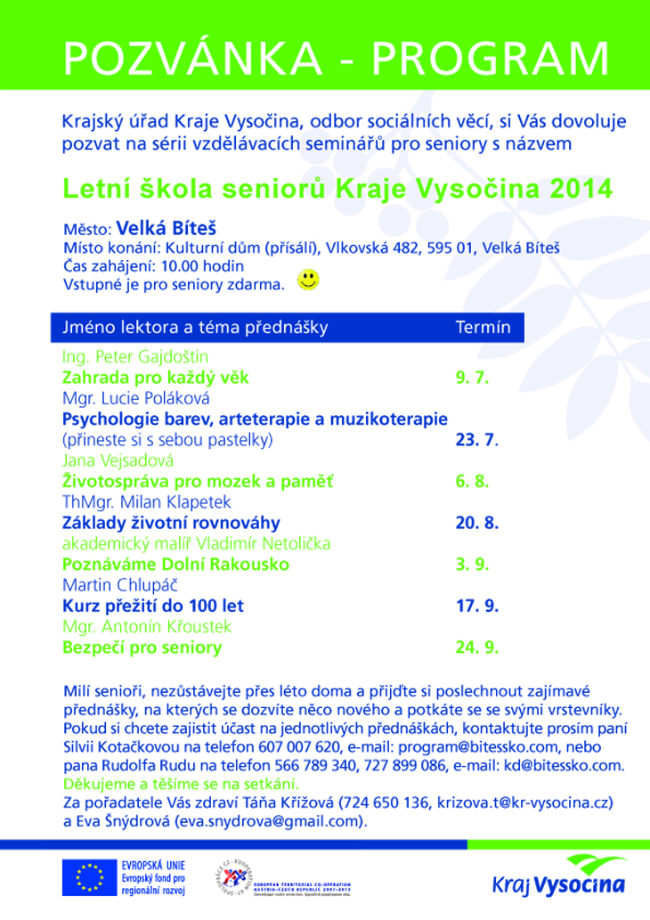 Pozvánka program letní škola pro seniory Velká Bíteš