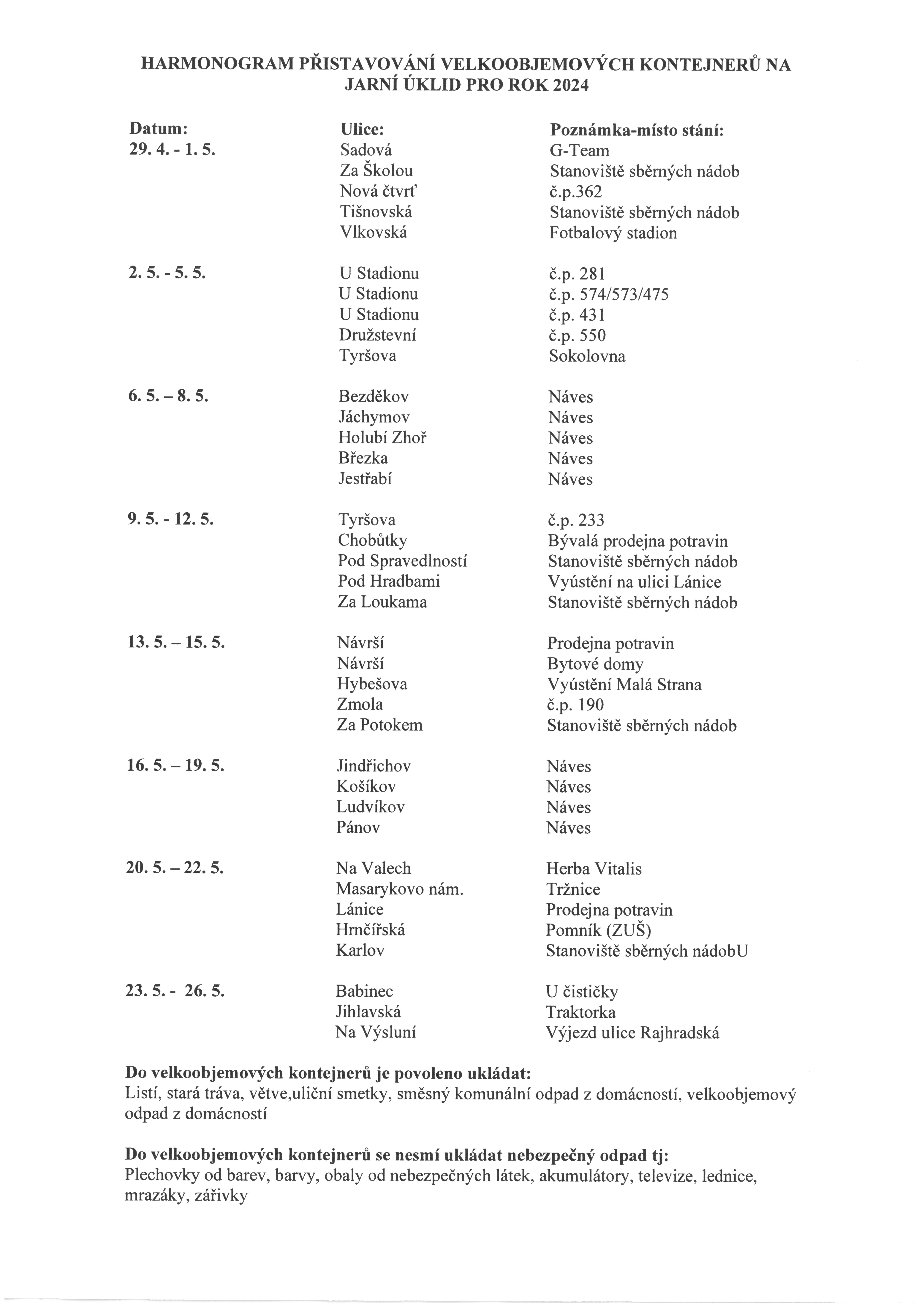 Harmonogram jarní úklid