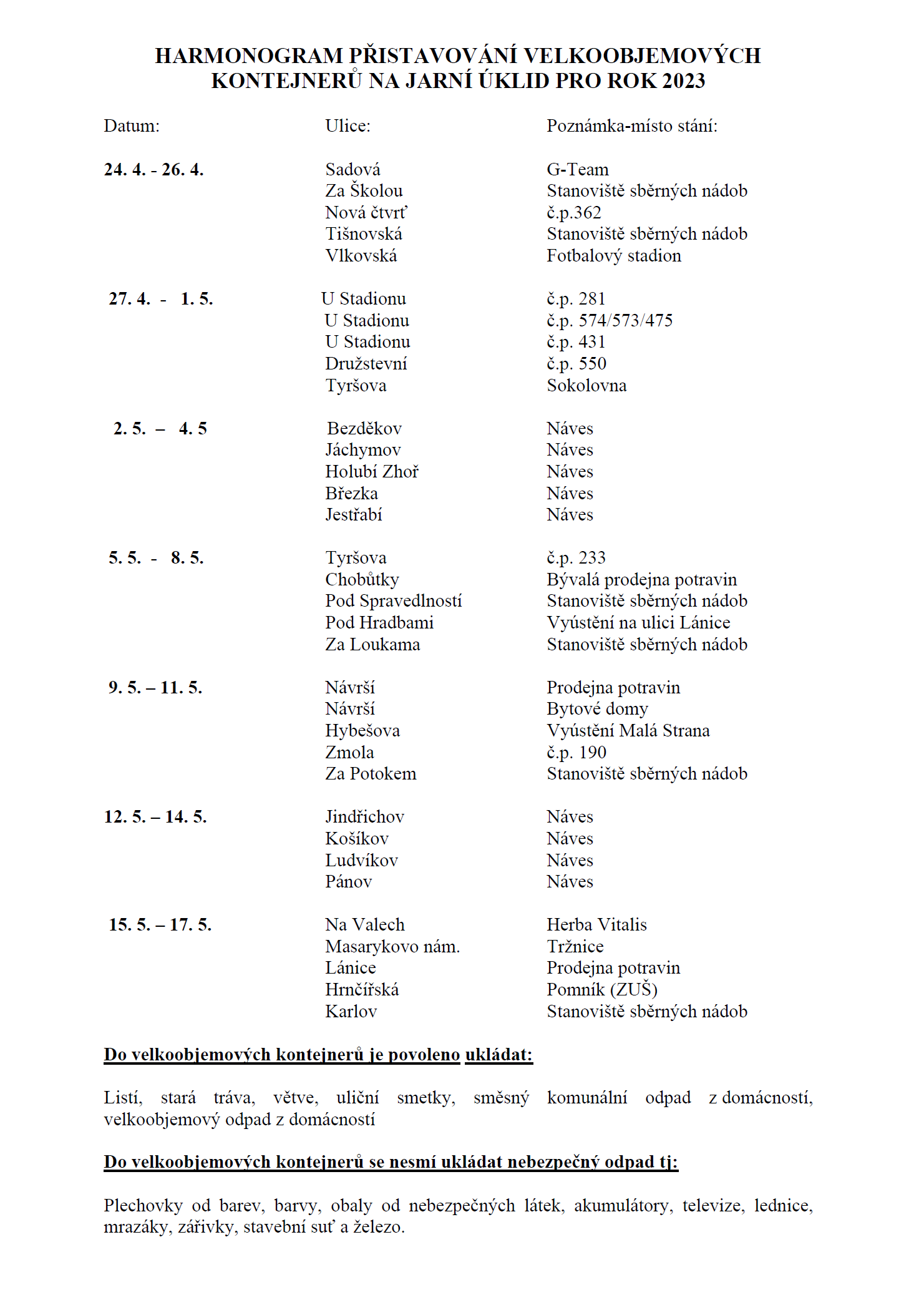 Harmonogram přistavování velkoobj. kontejnerů